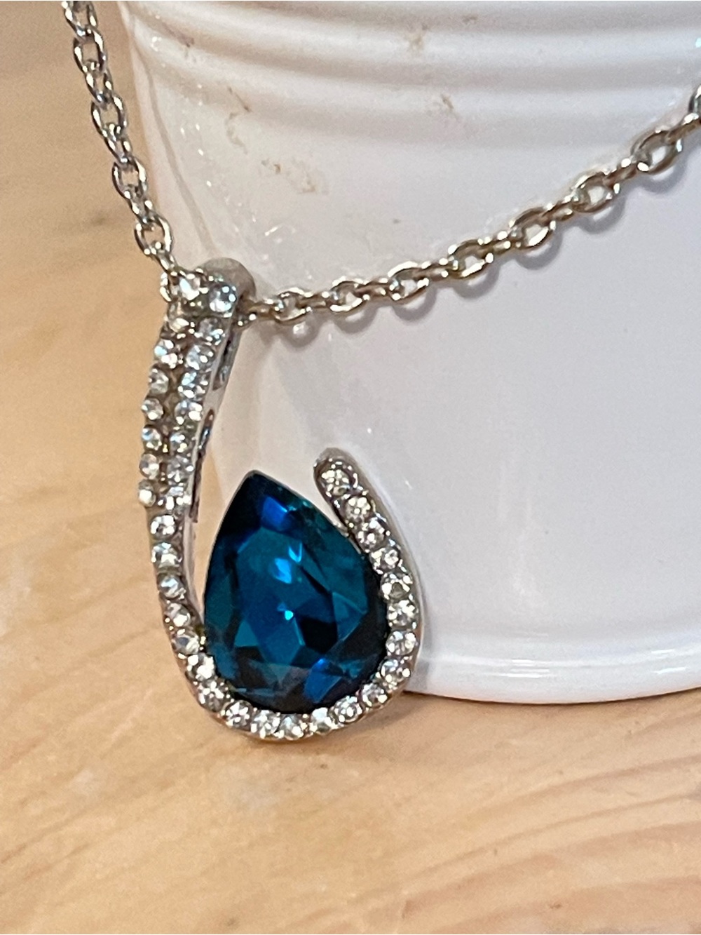Blue Teardrop Crystal Necklace with Silver Pavé Accent